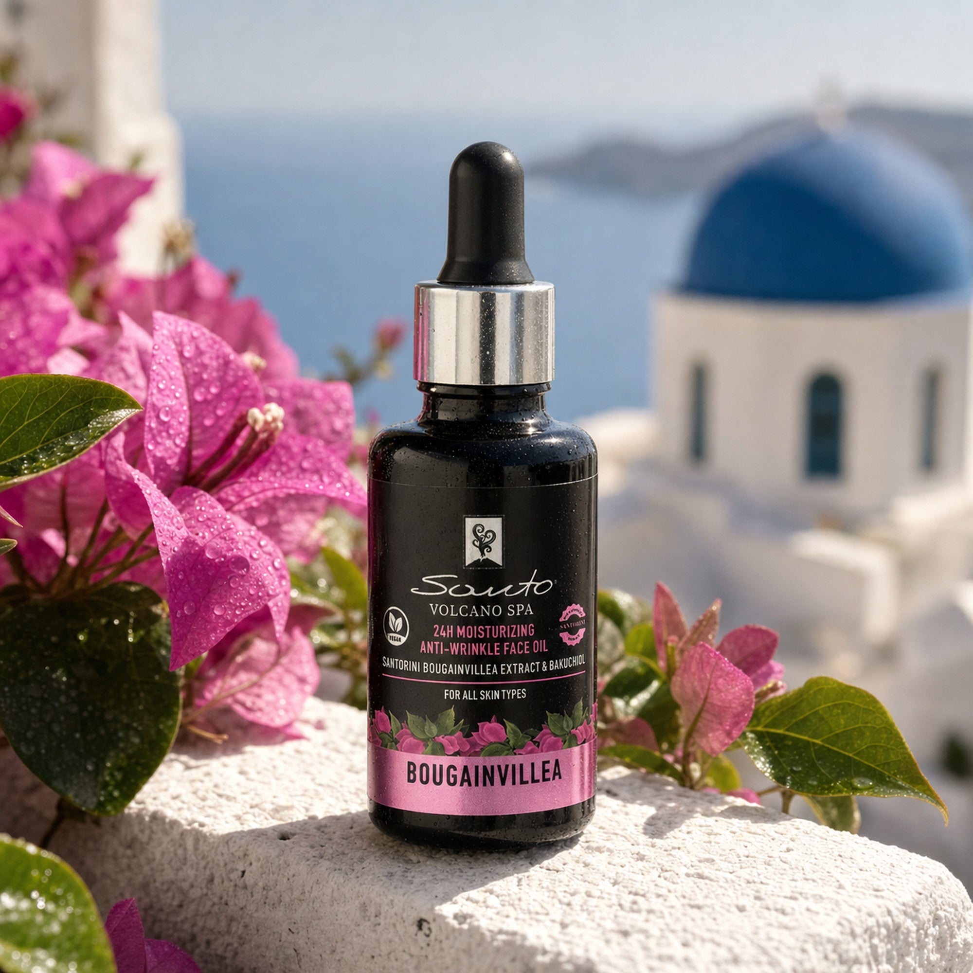 24 Saat Nemlendirici Begonvil Yüz Serum Yağı — Santorini sabahı, begonvil ve mavi kubbe, yaşam
